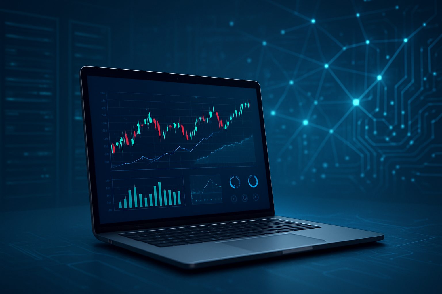 A laptop displaying a trading interface with graphs and market data in a dark-themed environment.